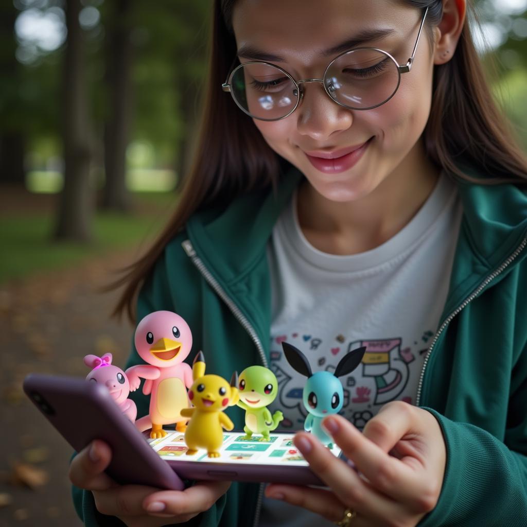 A Pokemon GO player interacting with their phone to complete a research task