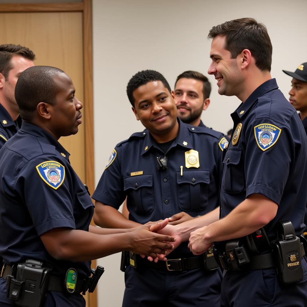 Police officers engaging with community members in a town hall meeting