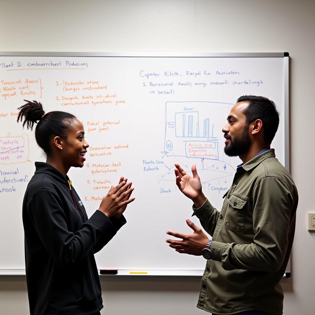 Two colleagues engaged in a lively discussion about their political science research