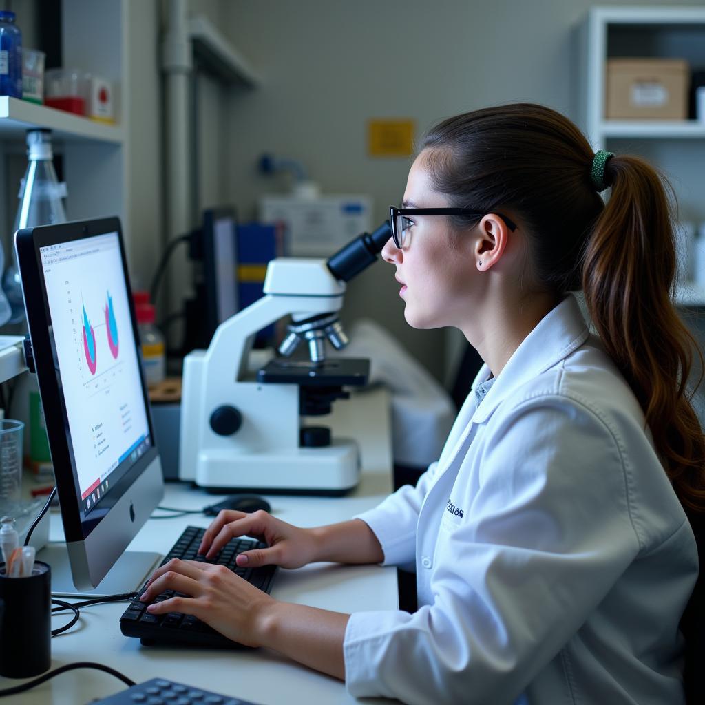 A postdoctoral researcher analyzing data in a lab