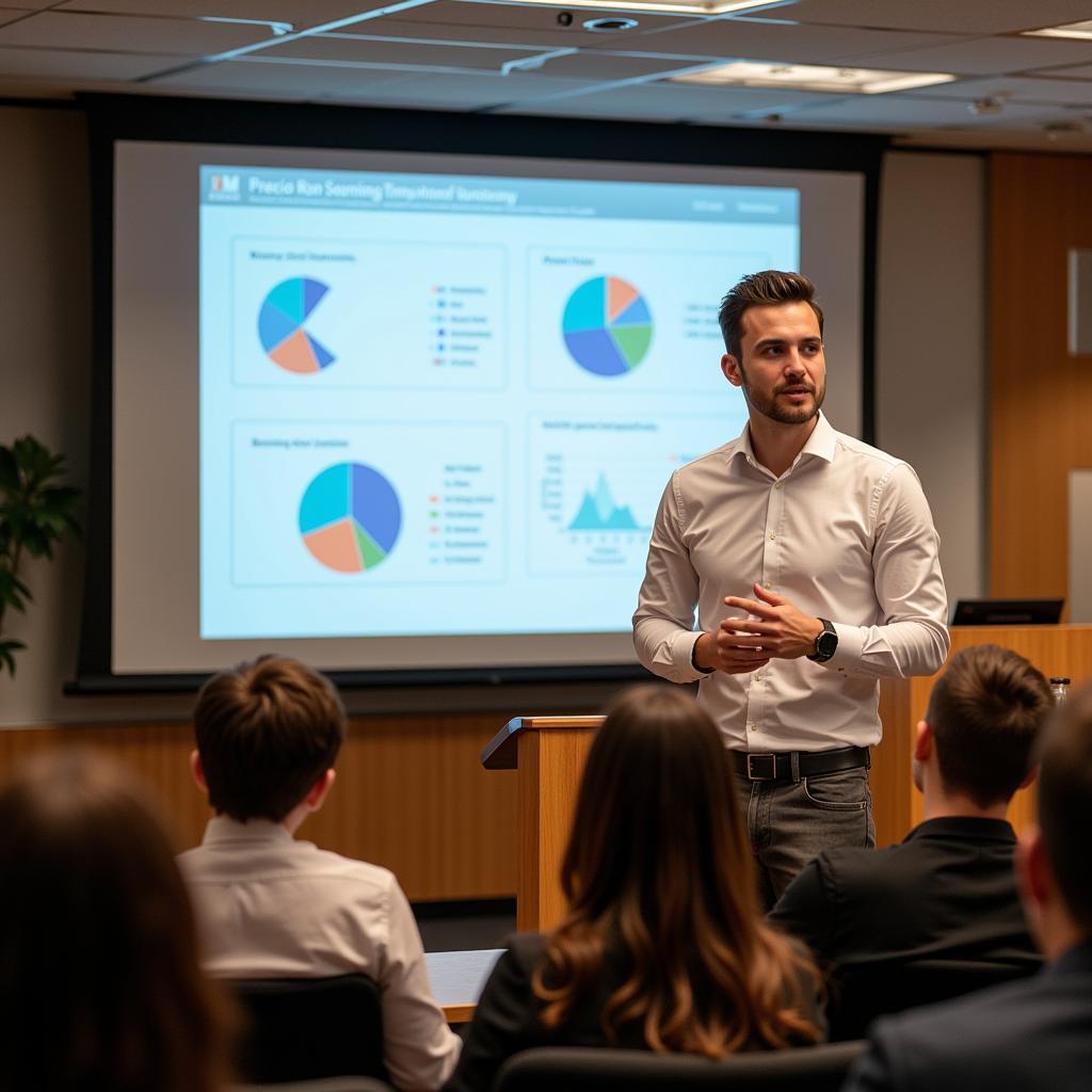 A postdoctoral researcher presenting their findings at a conference