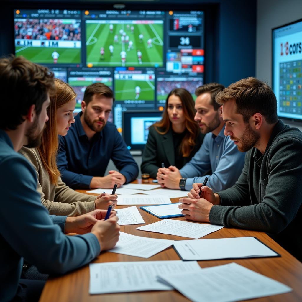 Pro football researchers meticulously analyzing game film