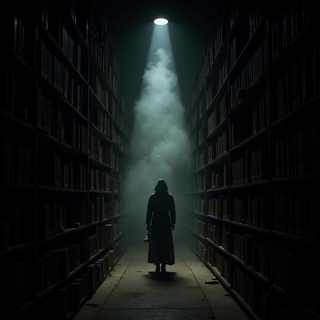 The darkened archives of the PSU Population Research Center, with a lone figure examining a dusty tome