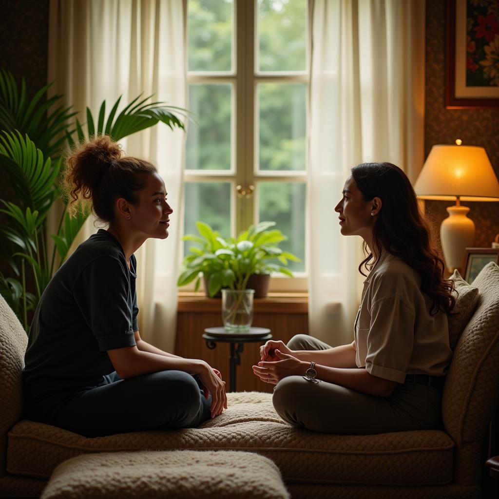 A therapist engaging in a session with a patient undergoing psychedelic therapy.