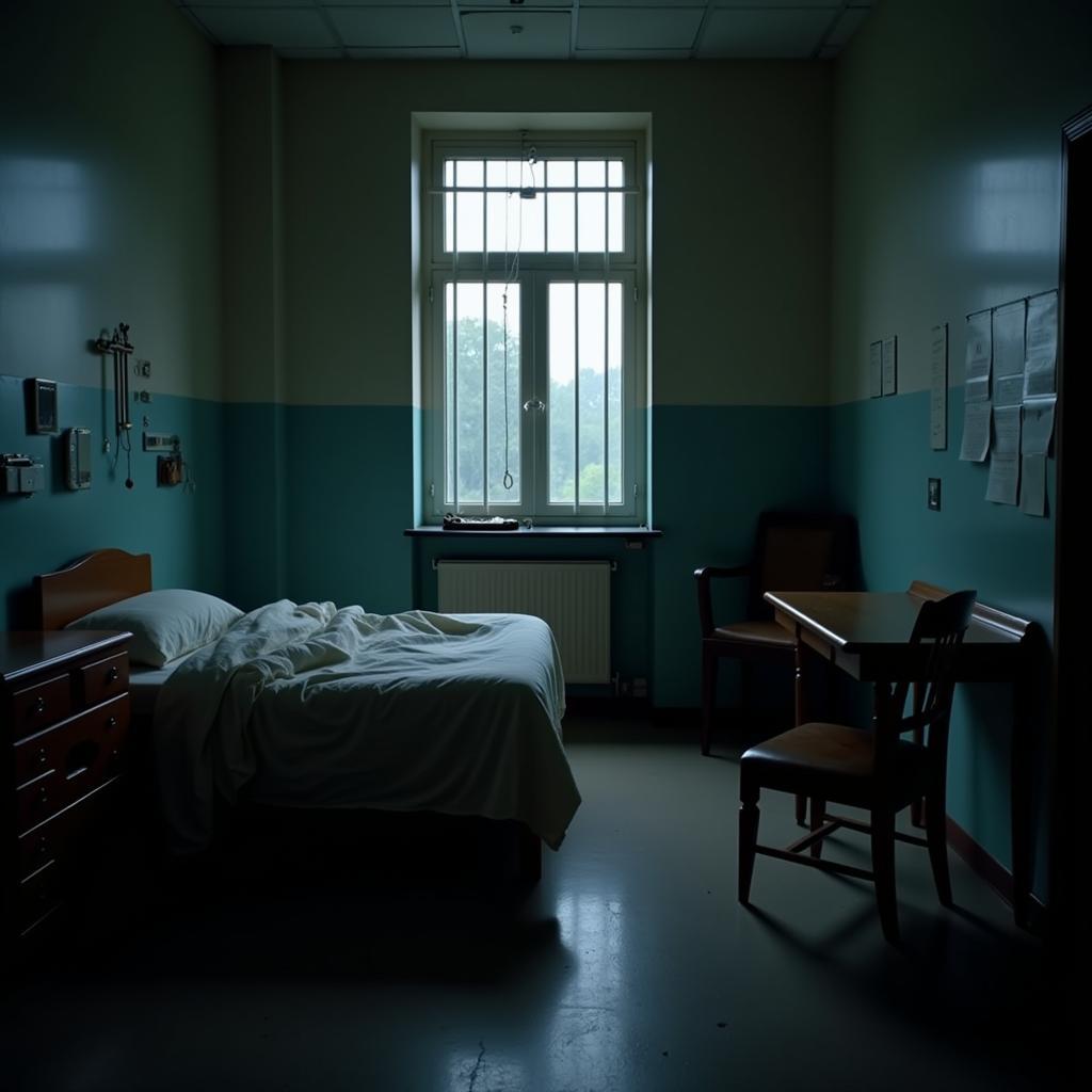 A dimly lit patient room in a psychiatric center