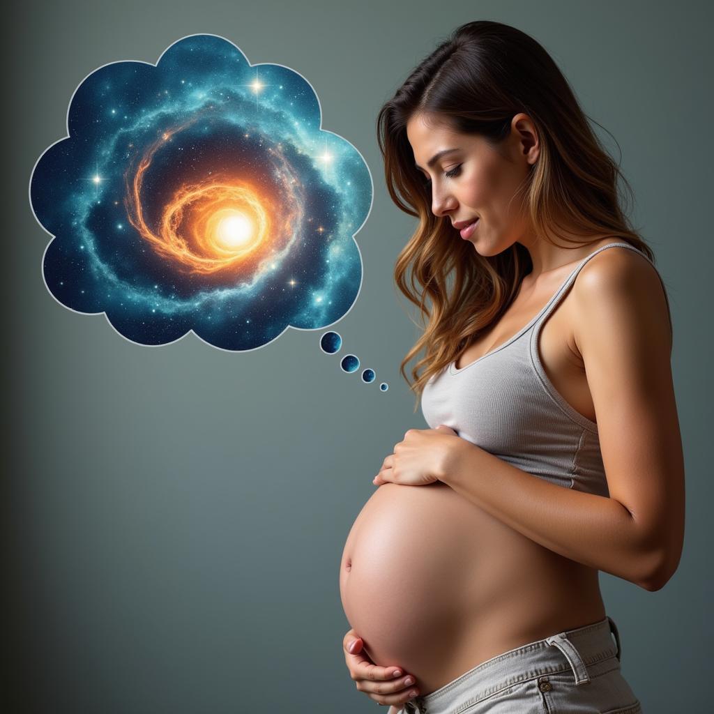 Pregnant Woman Holding Her Belly with a Thought Bubble