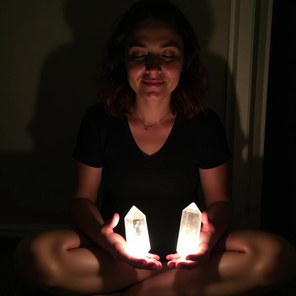 Person meditating with crystals