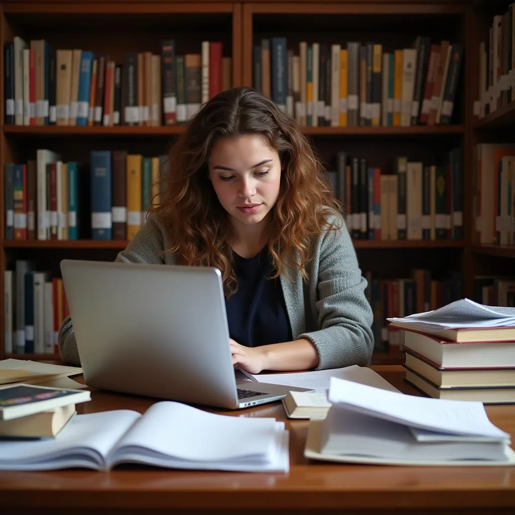 Psychology student deeply engrossed in research at the library