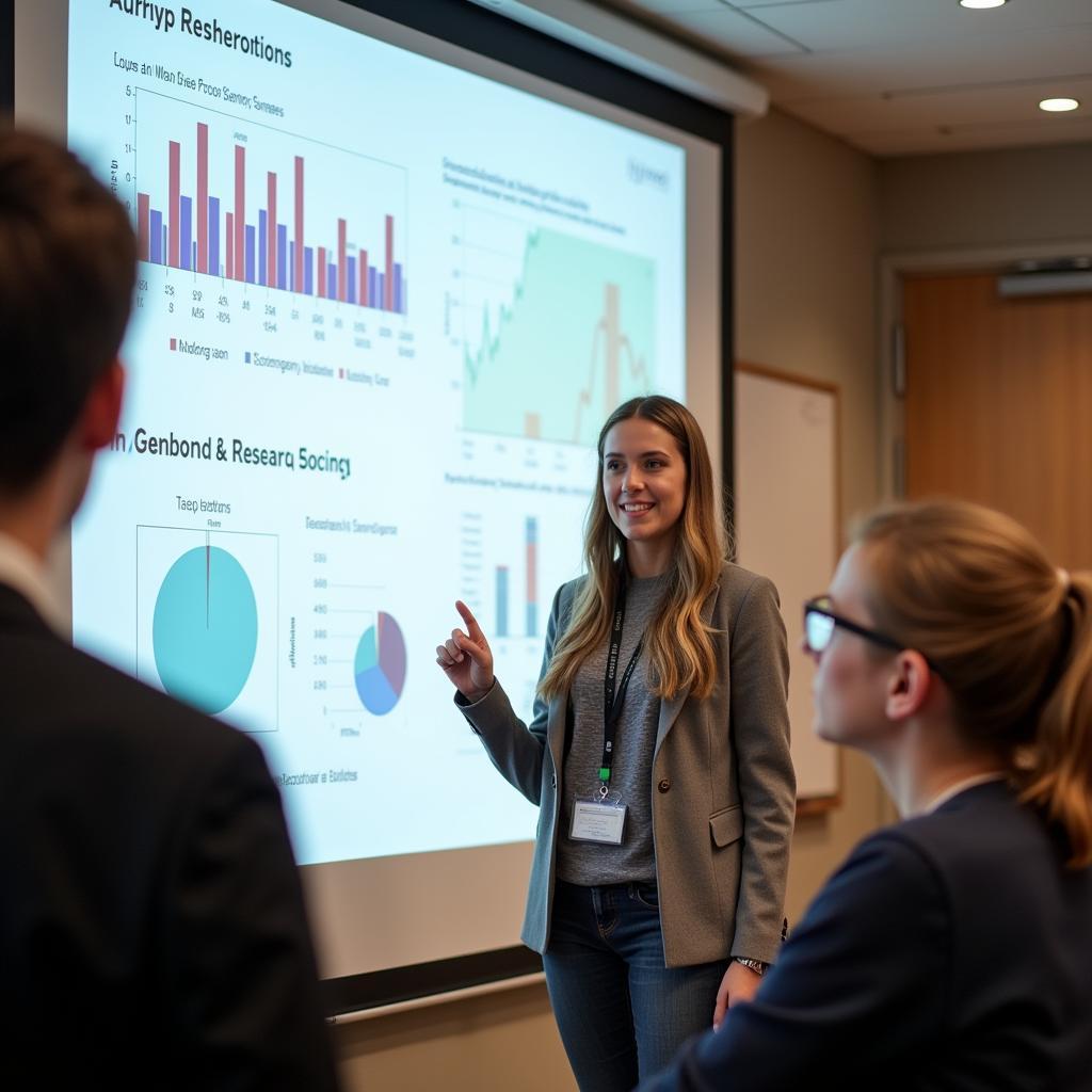 A Purdue undergraduate student confidently delivering a presentation on their research findings