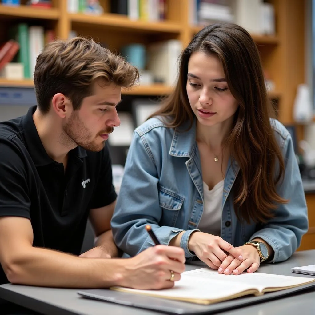  A Purdue University student engaged in a discussion with a professor about their research project.