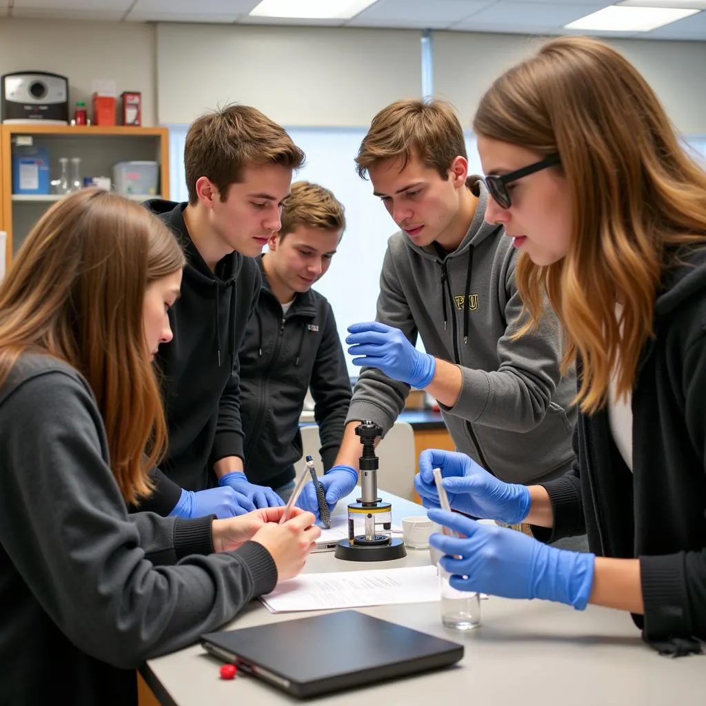 Purdue University students collaborating on a research project in a well-equipped laboratory.