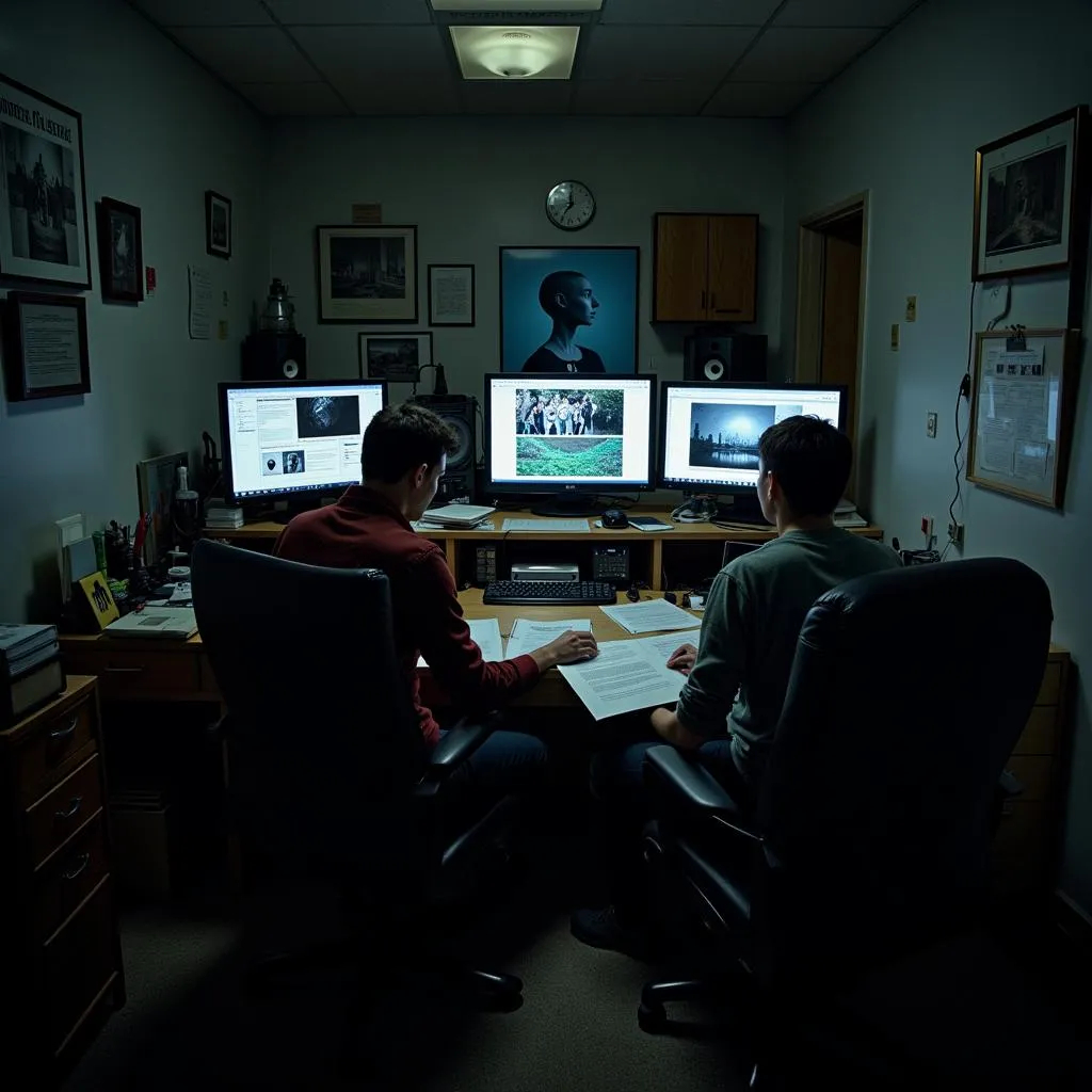 Paranormal investigators examining evidence in a qualitative research center