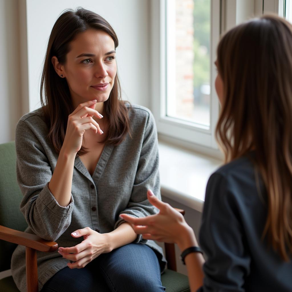 Woman being interviewed for qualitative research