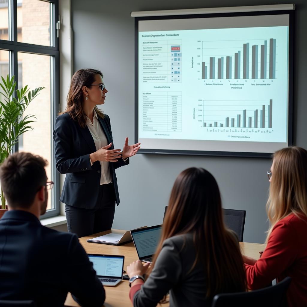 A quantitative researcher presenting their findings to a team