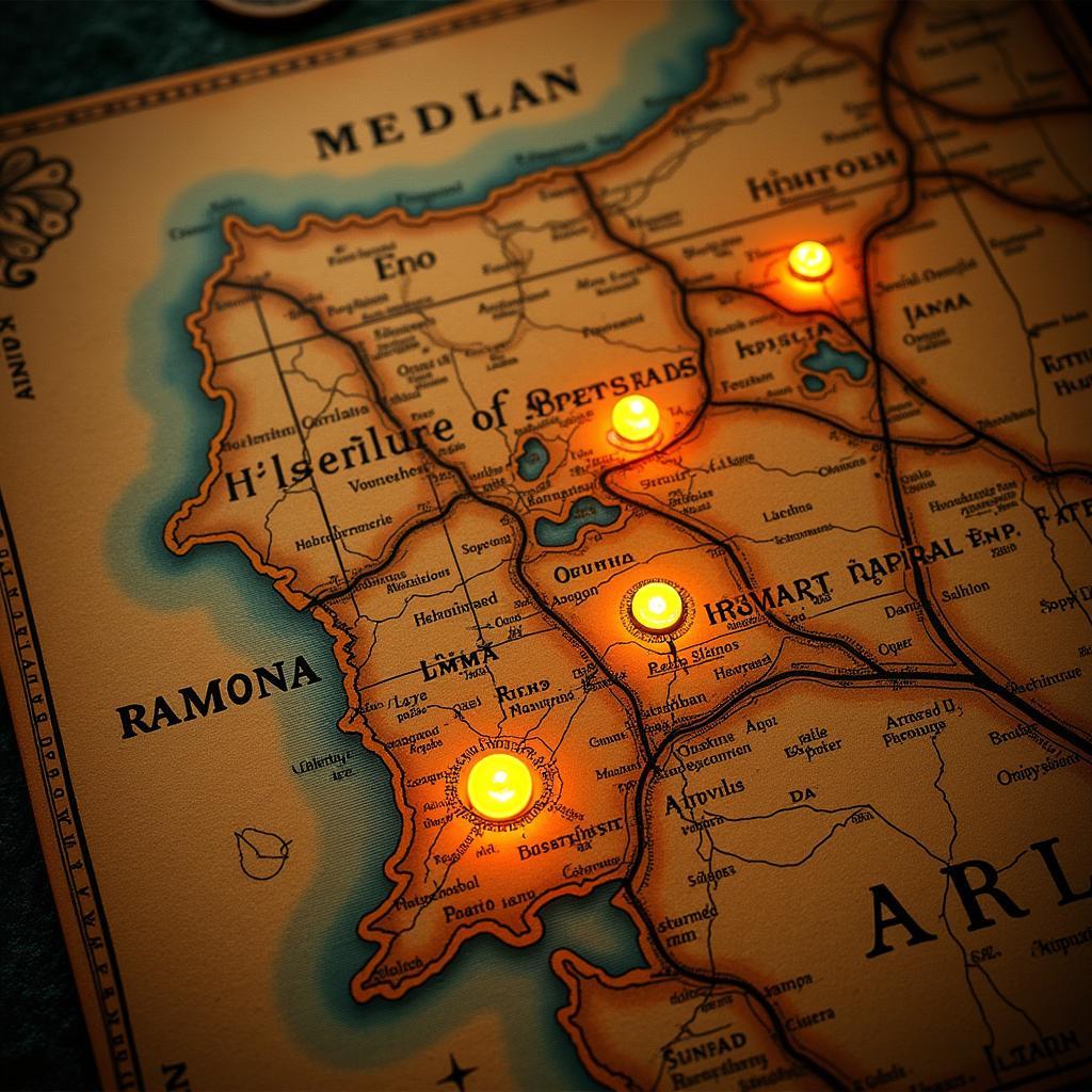 Ramona research origins - A vintage map overlayed with glowing symbols and text referencing paranormal activity.