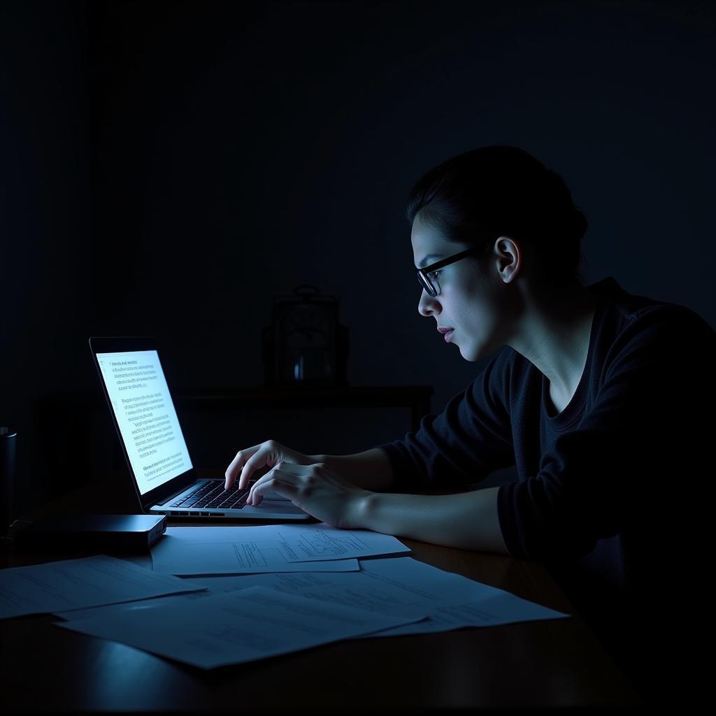 A paranormal research assistant reviewing case files on a laptop in a dimly lit room