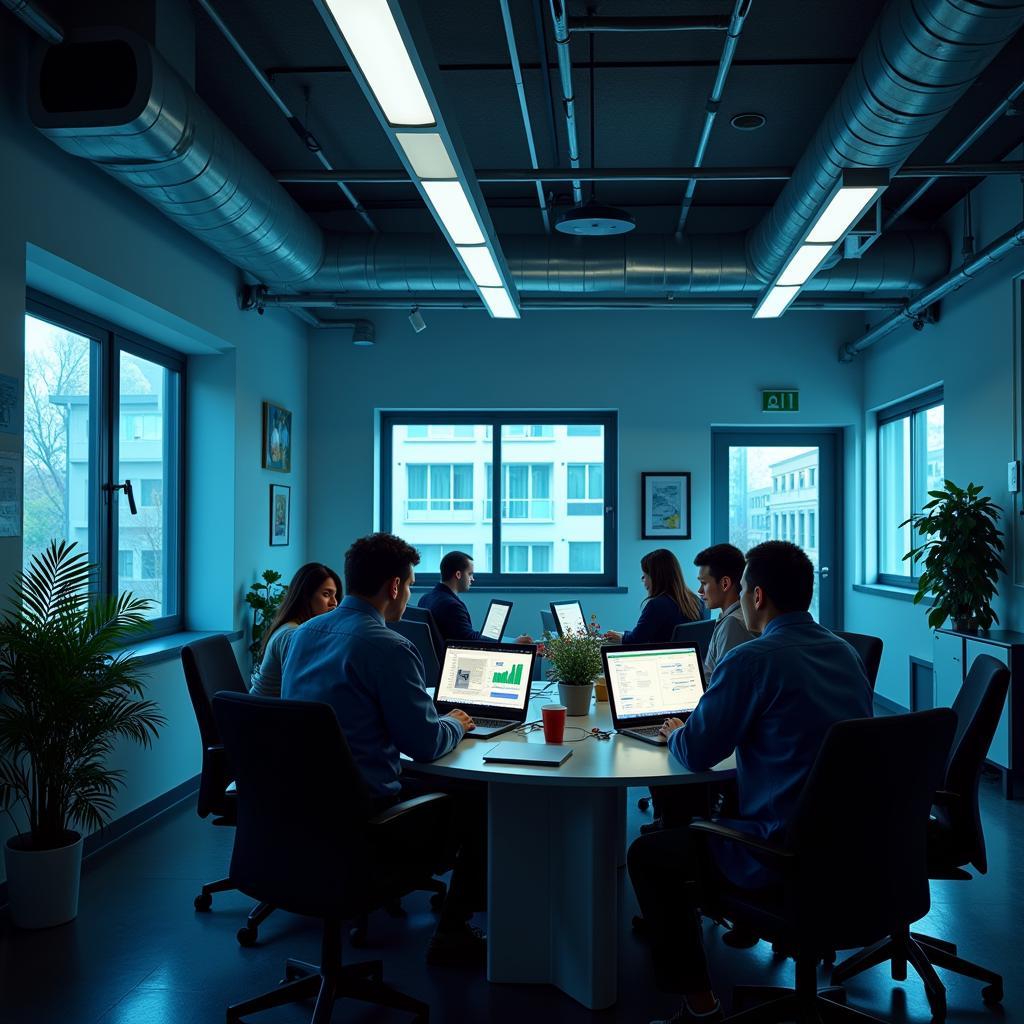 Modern office setting with researchers collaborating on laptops