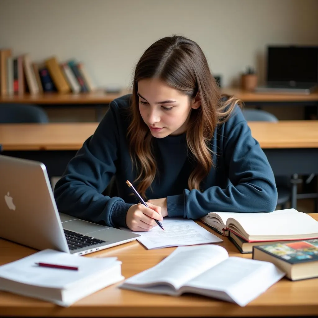 Student analyzing research papers and taking notes