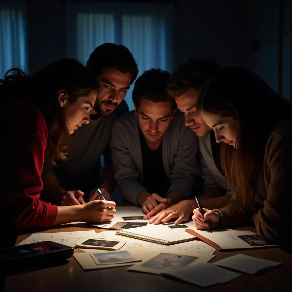 Paranormal research team analyzing evidence