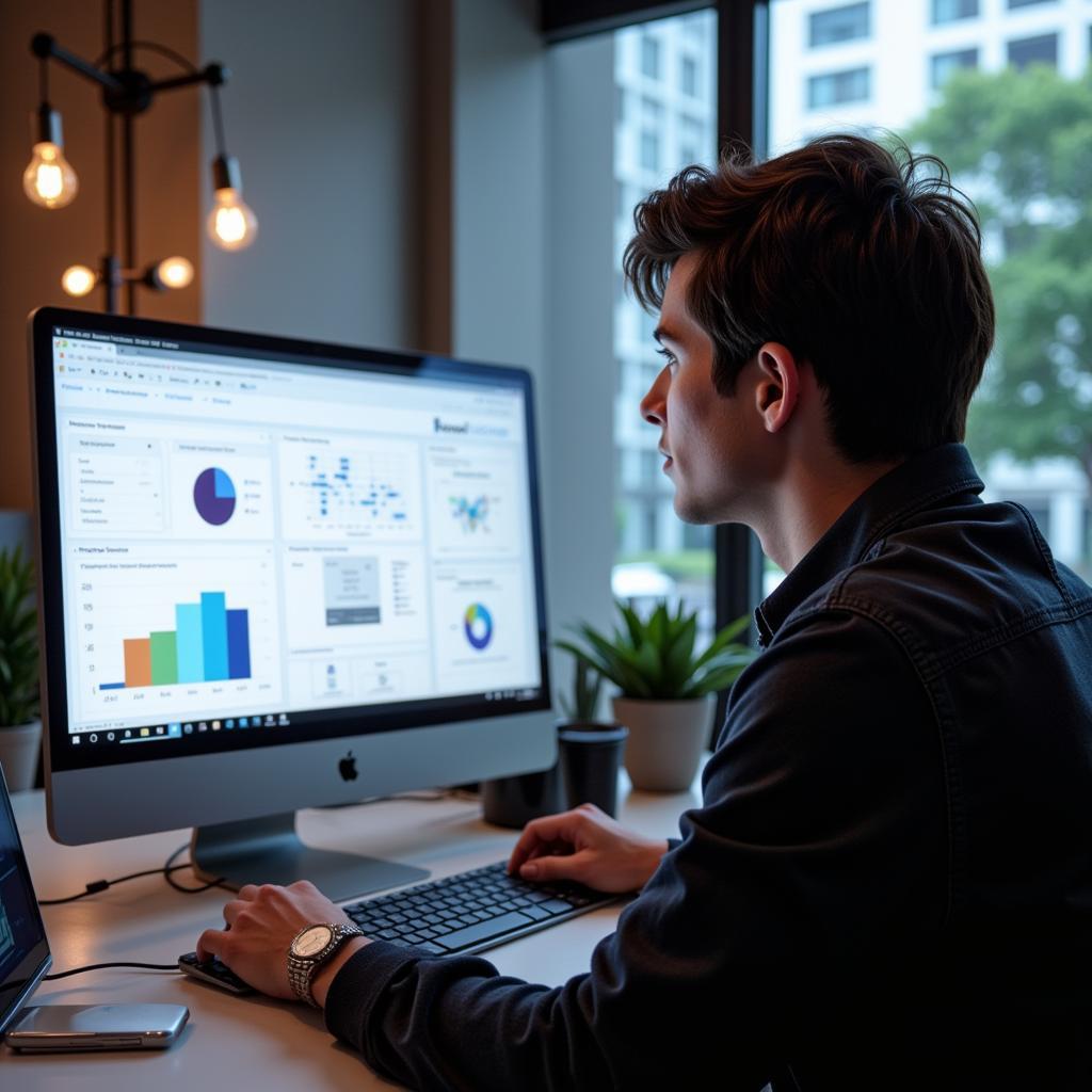 A research assistant reviews data on a computer screen