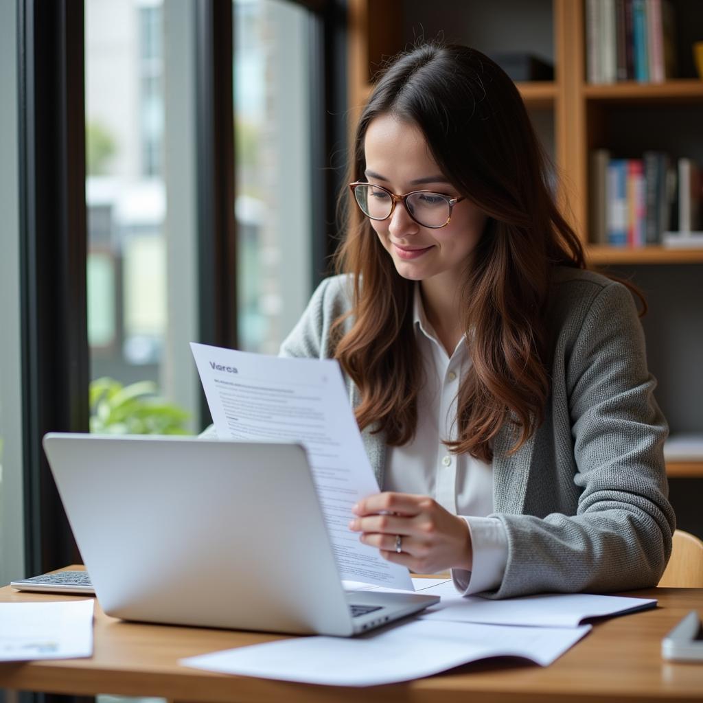 Research Assistant Reviewing CV on Laptop