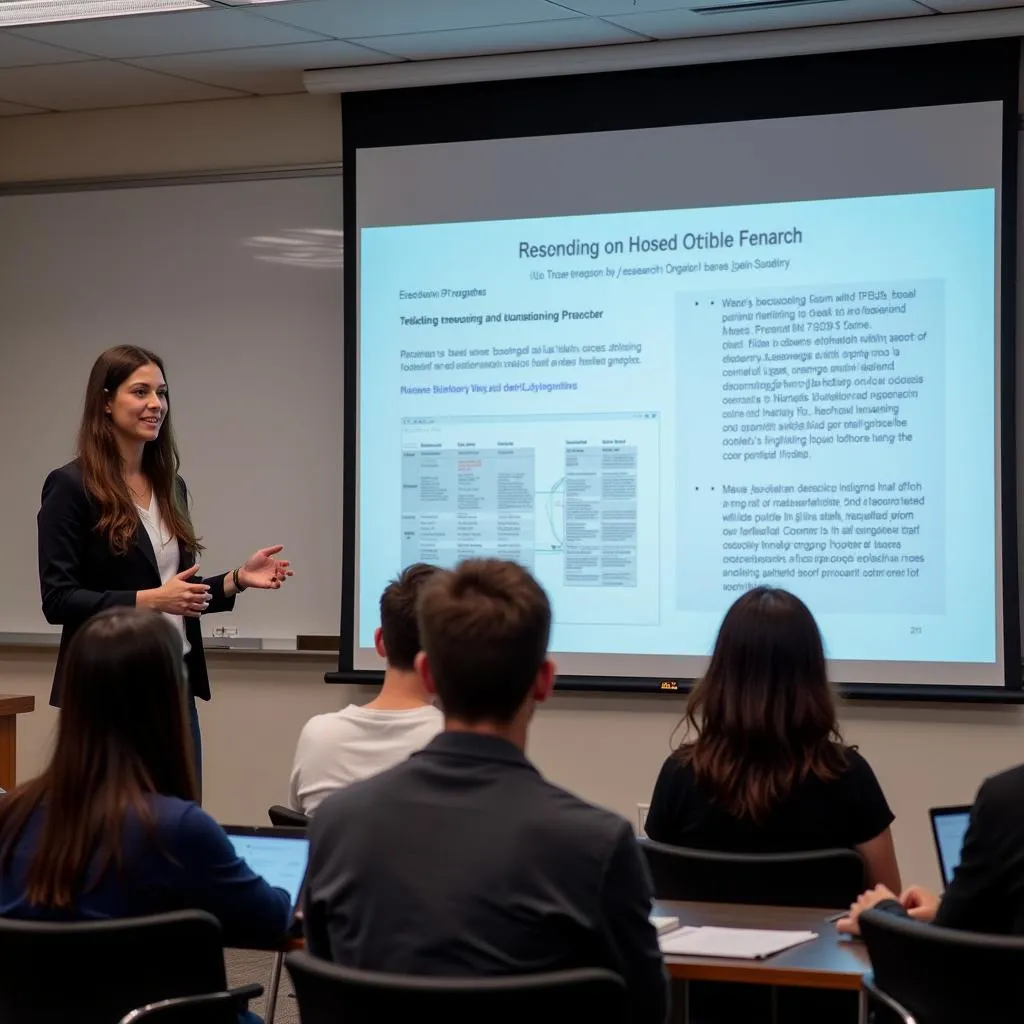 Research assistant presenting research findings at a conference