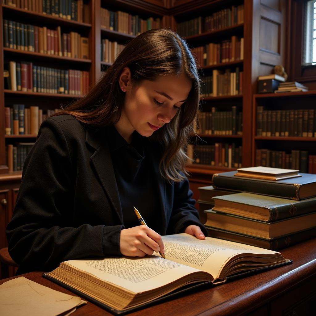 A research assistant hunched over ancient texts and illuminated manuscripts, searching for clues to paranormal phenomena.