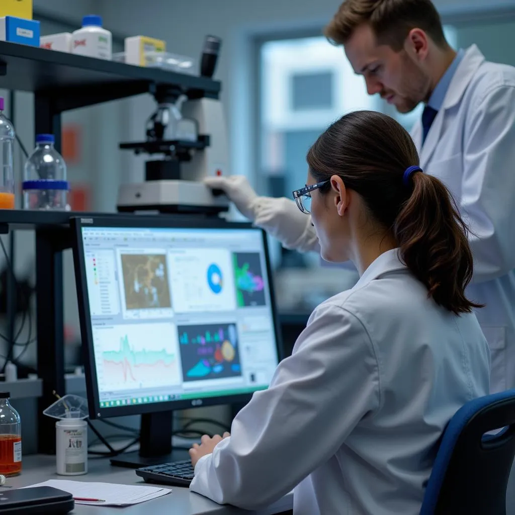 Research associate meticulously analyzing data in a laboratory setting