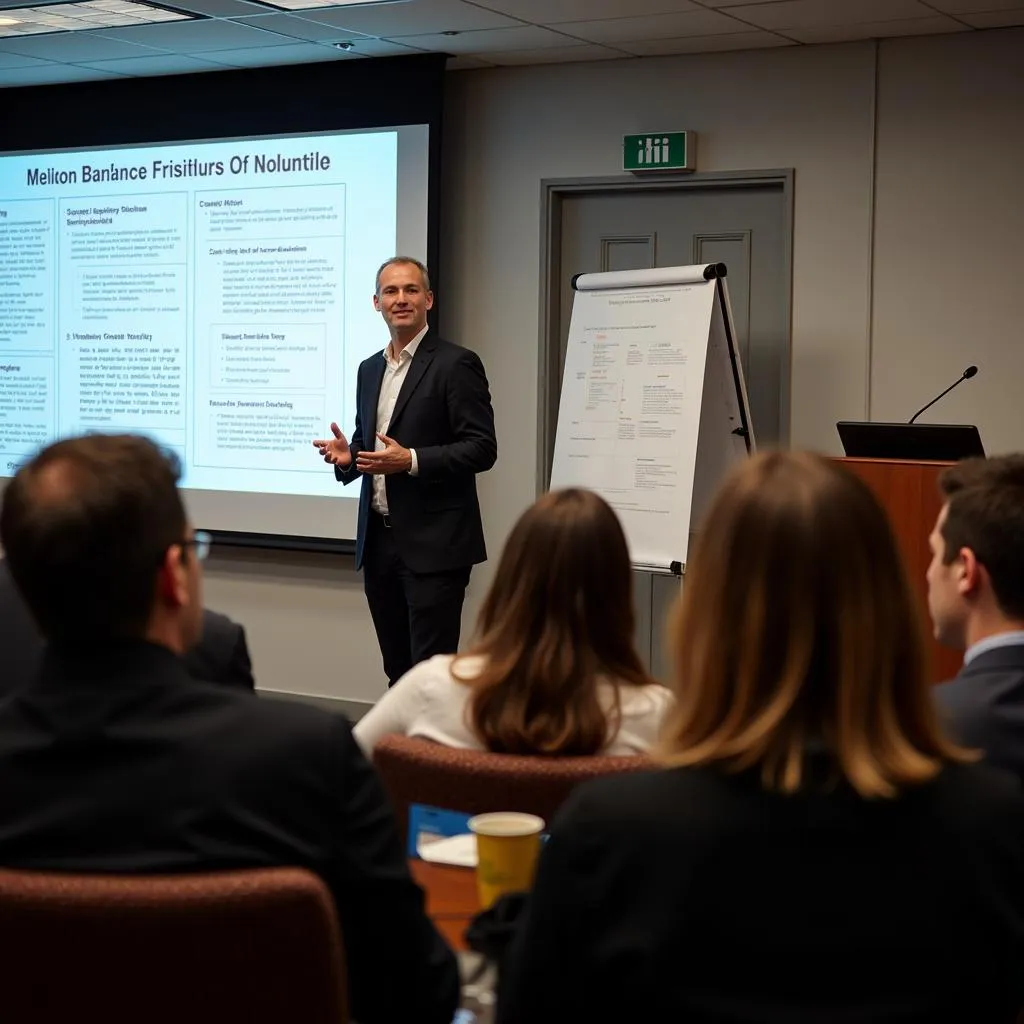 Research associate confidently presenting research findings at an academic conference