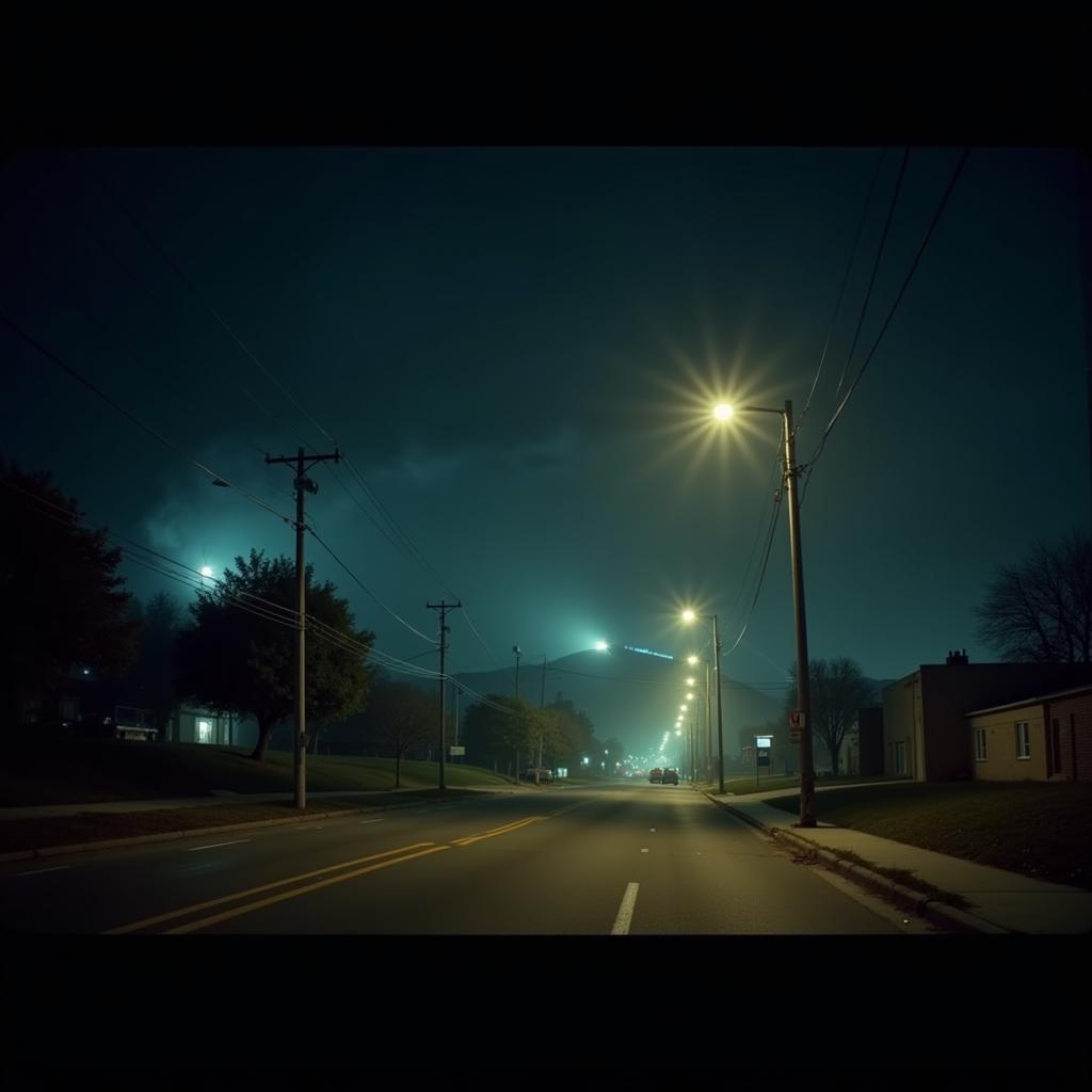 Eerie night view of Research Blvd in Austin, TX, with strange lights flickering in the distance.