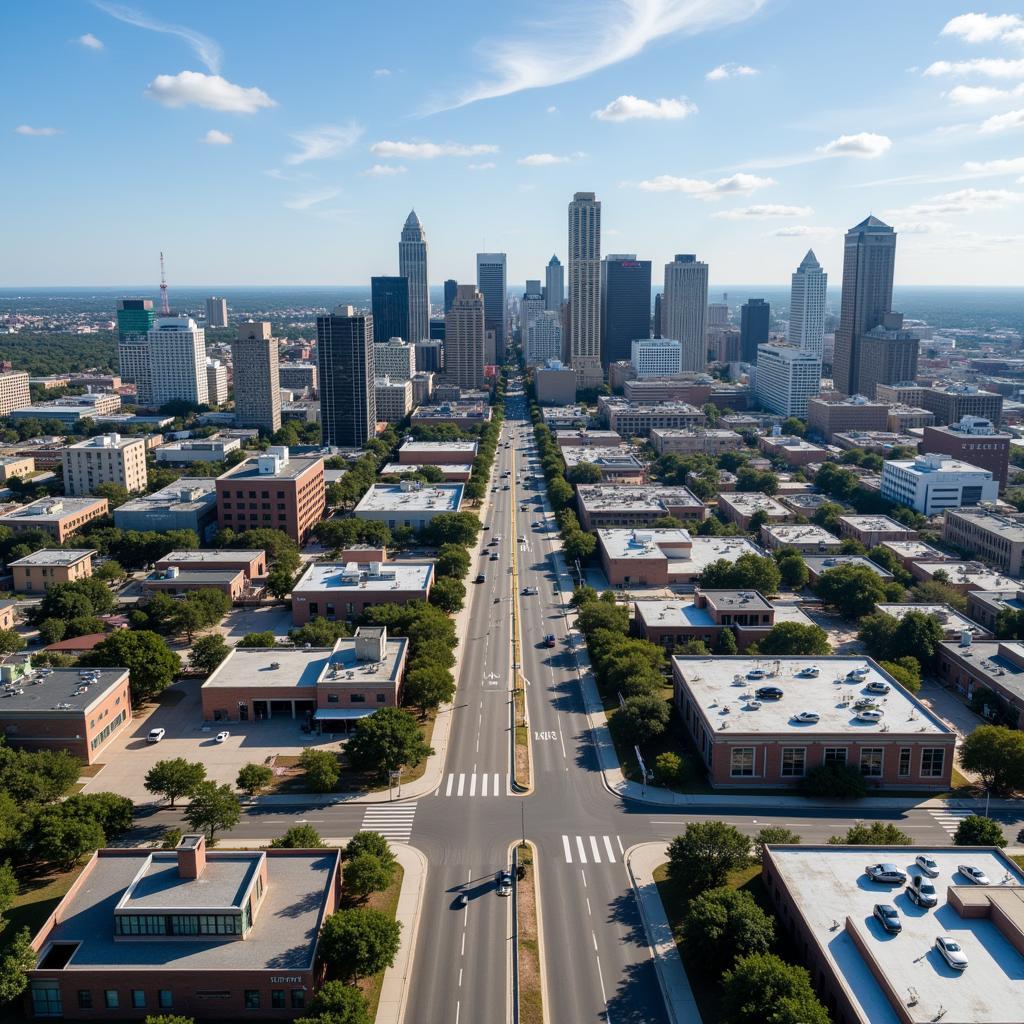 Aerial view of Research Boulevard in Austin, Texas, with a prominent building highlighted.