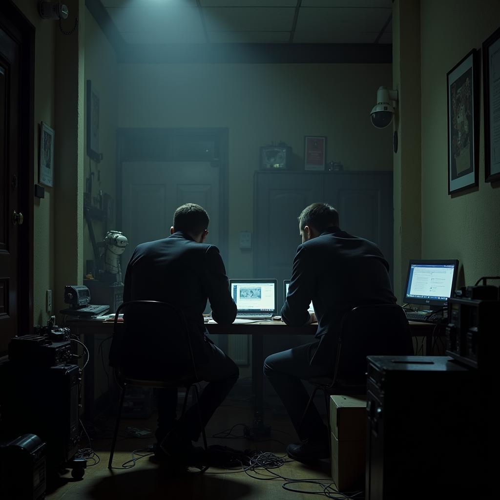 Paranormal investigators examining equipment in a dark room