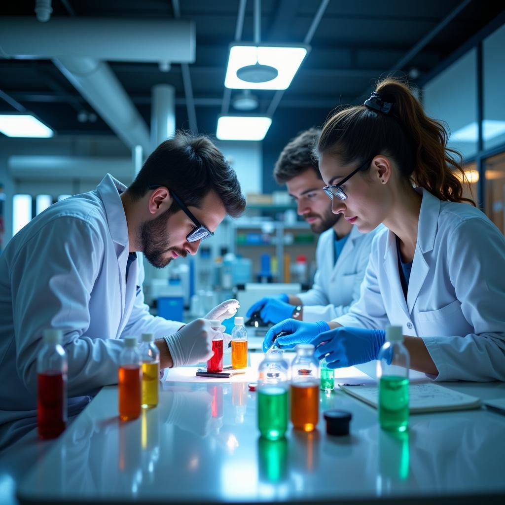 Scientists analyzing research compounds in a laboratory setting