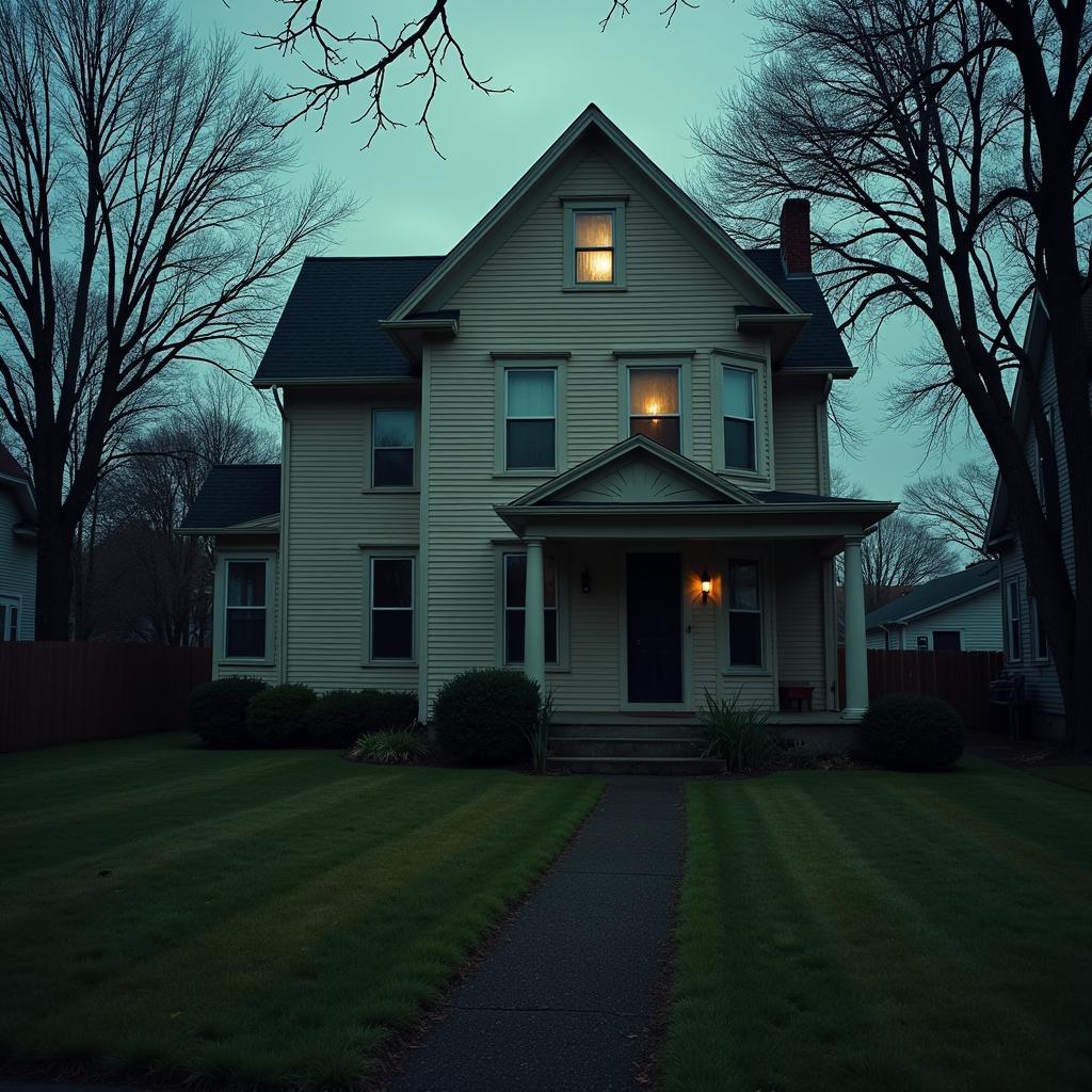 Suburban home at twilight with an eerie glow from the windows