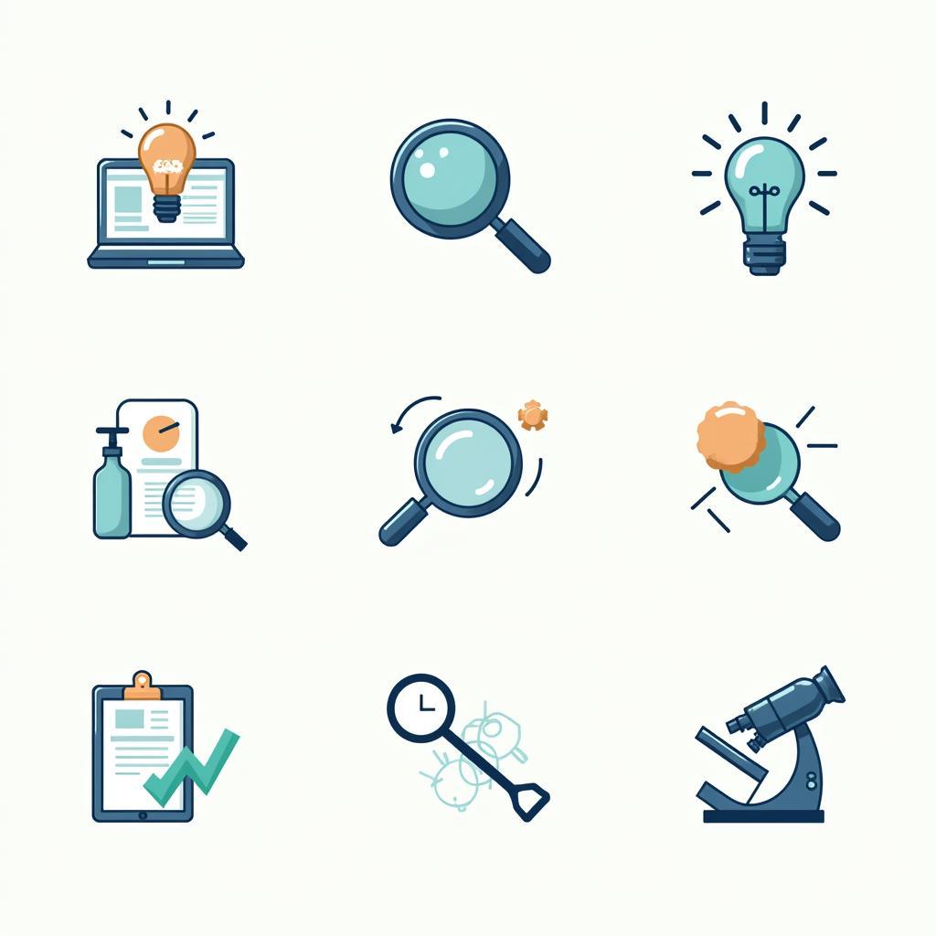 Research Icons: Magnifying Glass, Lightbulb, Microscope