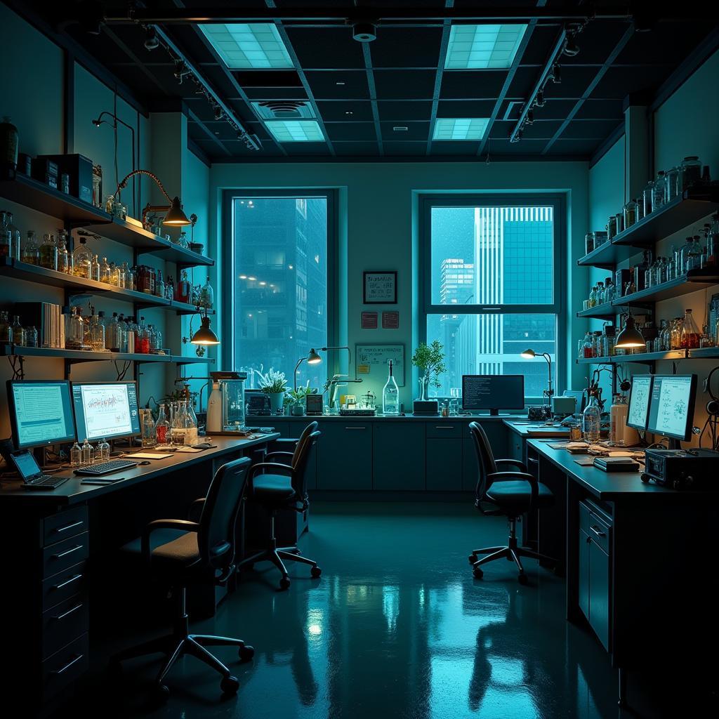 A dimly lit laboratory with advanced equipment, hinting at the nature of research conducted by Manhattan Research Inc.