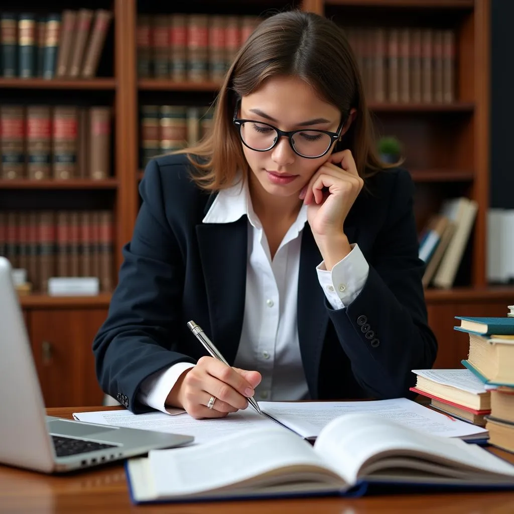 Research lawyer carefully analyzing legal documents