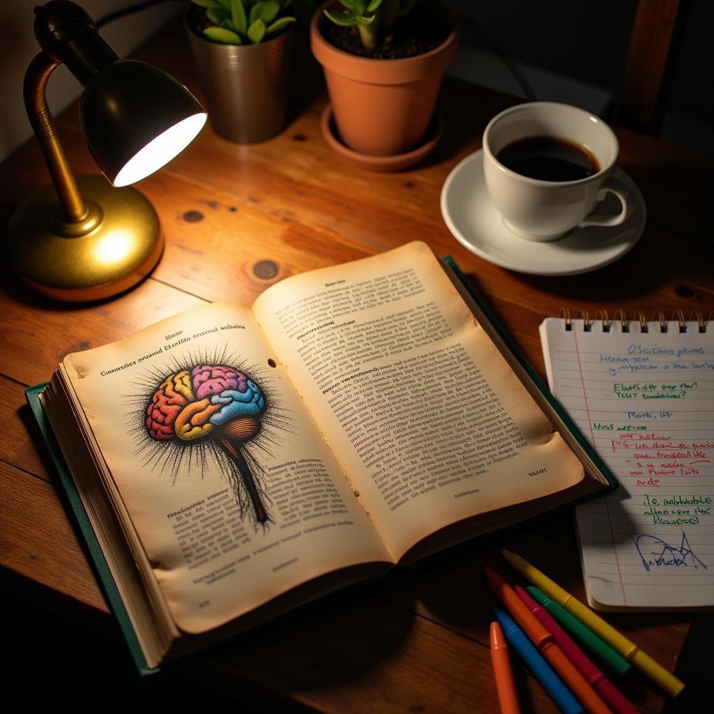 Psychology research methods textbook on a desk.