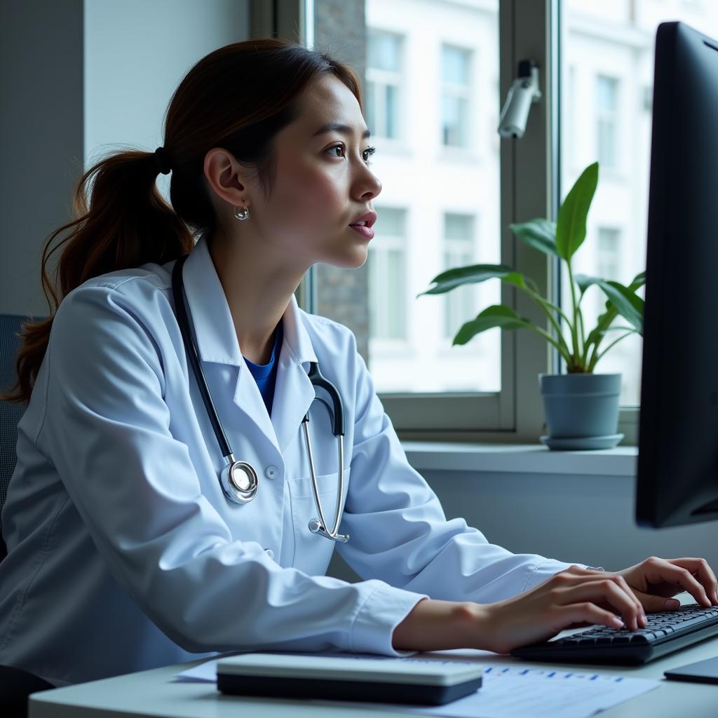 Research nurse analyzing patient data on a computer screen