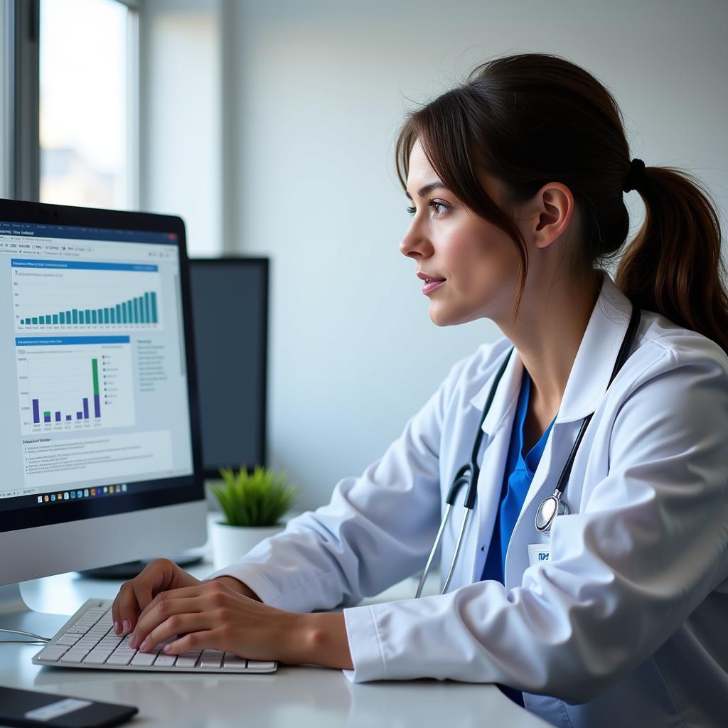 Research Nurse Practitioner analyzing patient data