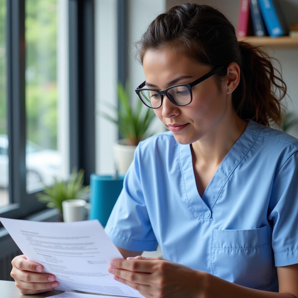 Research nurse practitioner reviewing patient data for a clinical trial