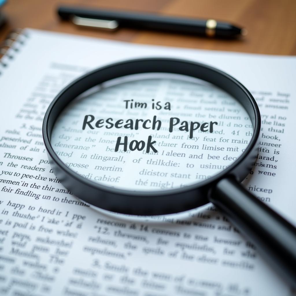 A hand holding a magnifying glass over a research paper