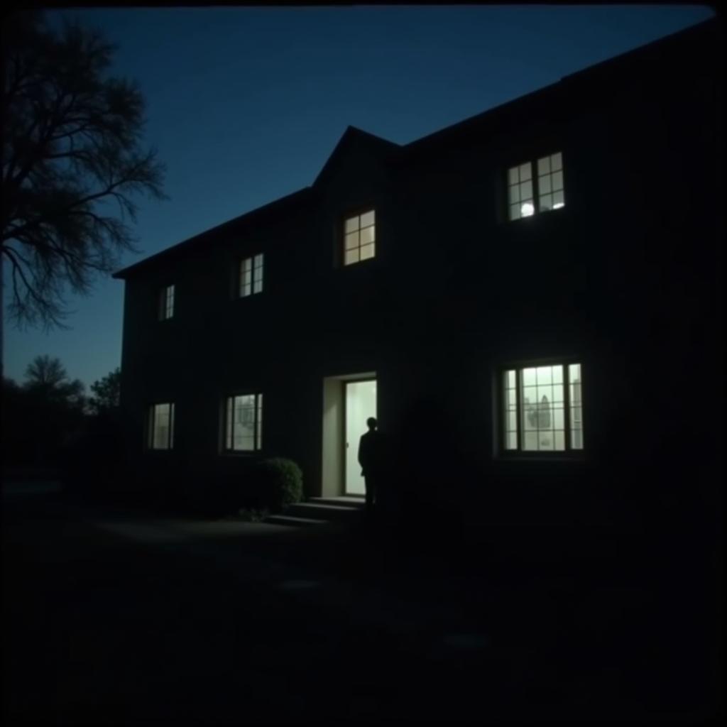 Eerie lights captured in the windows of a research park building at night