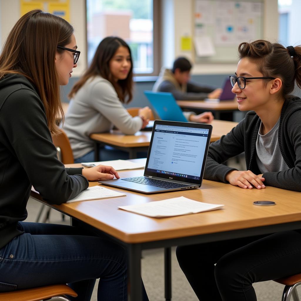 High School Student Discussing Research with Teacher