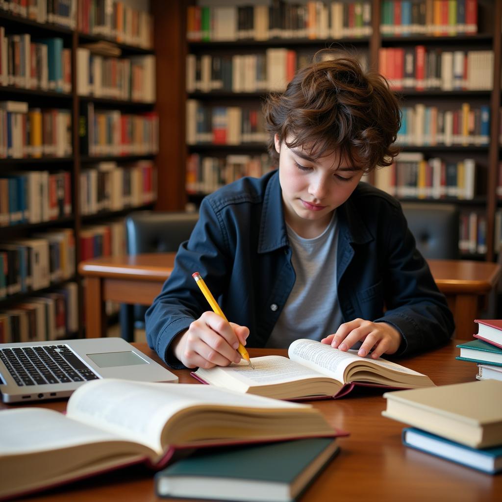 Student engaged in research at the library