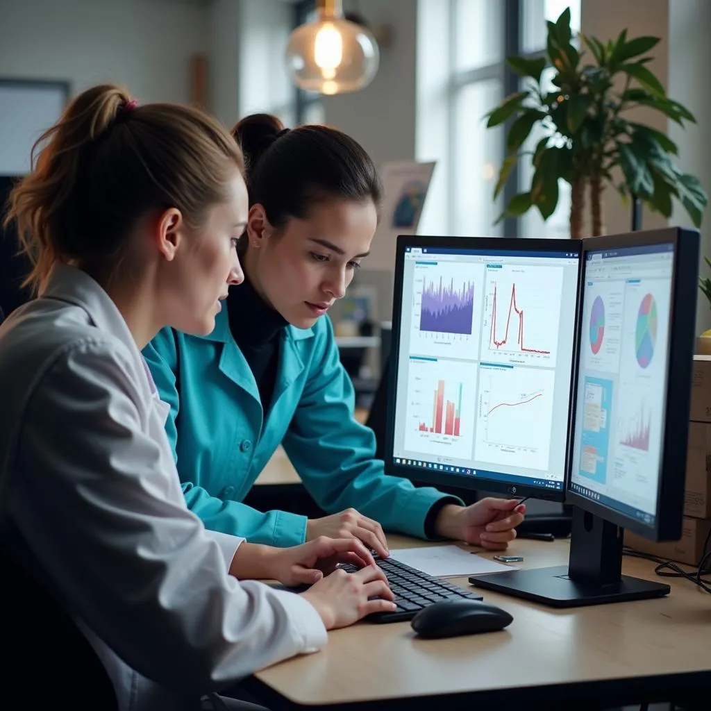 A senior research scientist guides a research intern in analyzing data on a computer screen.