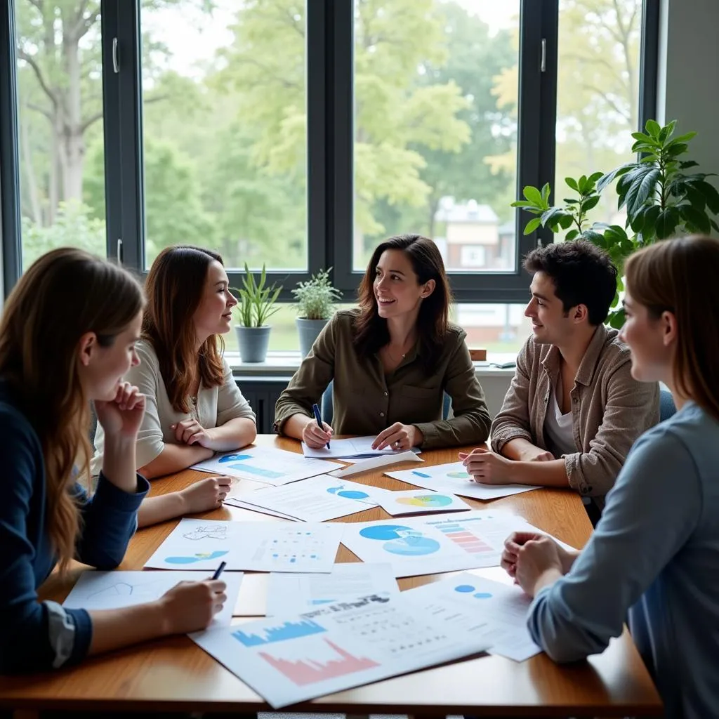 Research scientists discussing data in a lab meeting