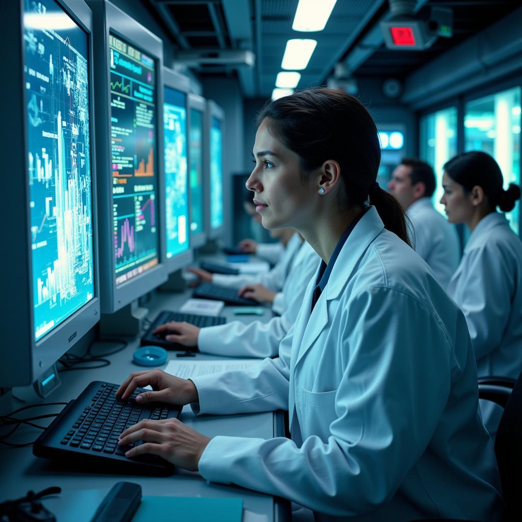 Research Station Neon laboratory - Scientists in white coats working with advanced equipment, surrounded by holographic displays showing complex data visualizations.