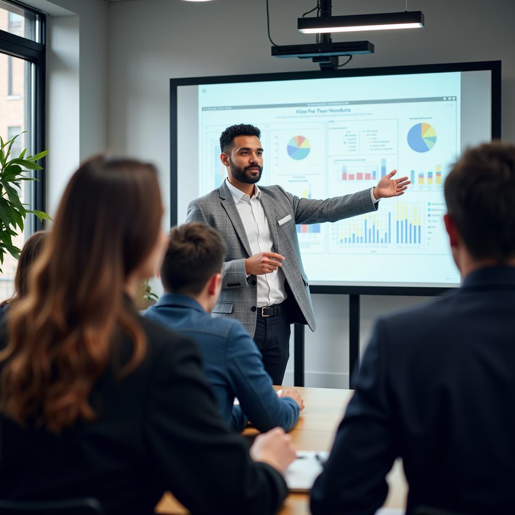 A research statistician presenting their findings to a group of colleagues