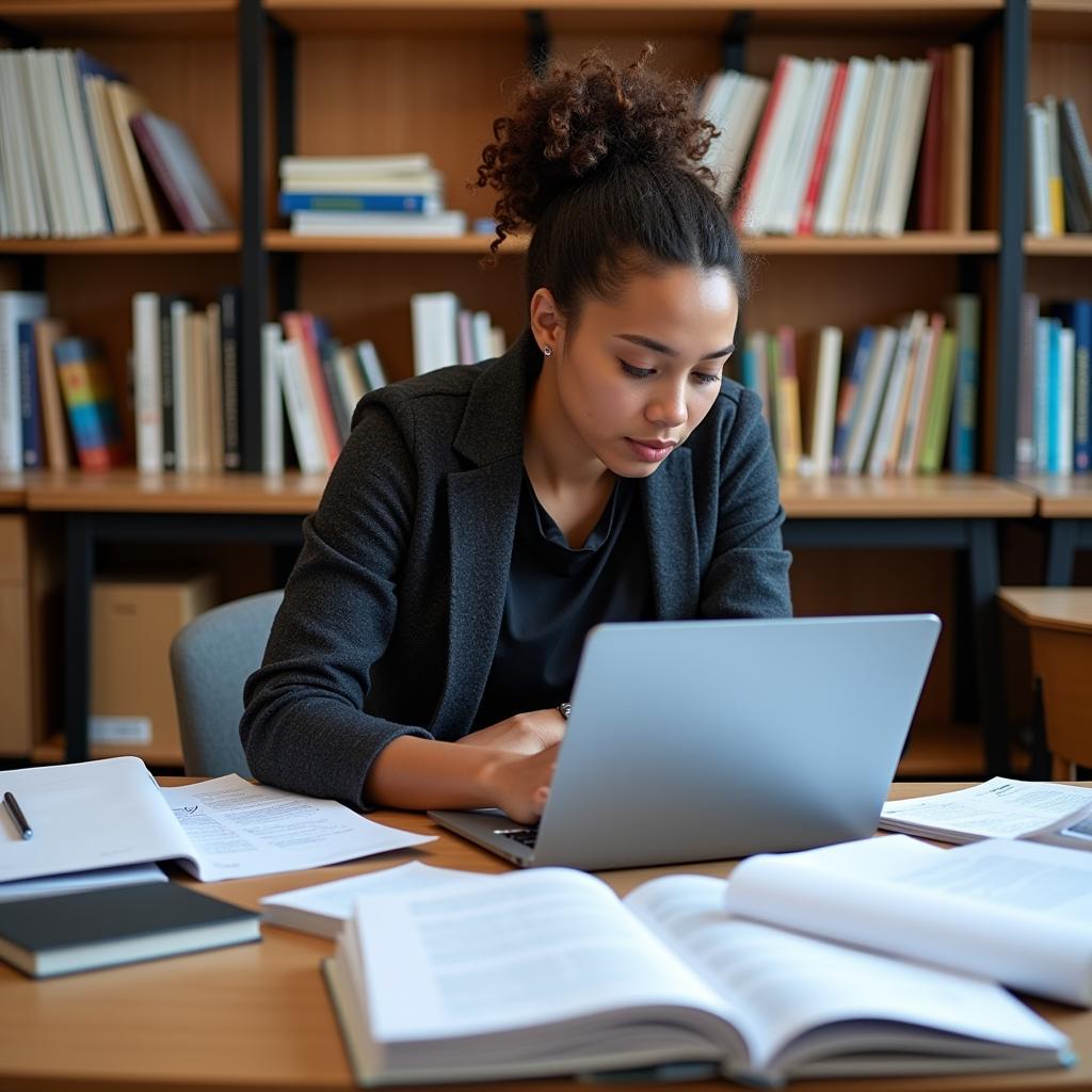 A research student analyzes data in a library setting